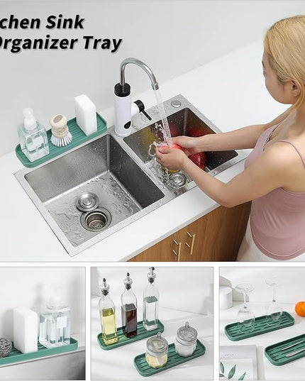 Silicone Kitchen Sink Organizer Tray for Multiple Usage,Eco-Friendly Sponges Holder for Kitchen Bathroom Counter or Sink,Dish Soap Dispenser,Scrubber,Bottle,Cup (Green, 12"×4")