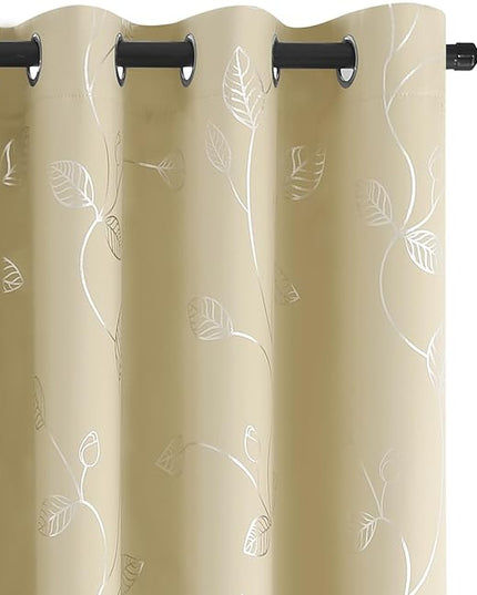 BUHUA Christmas Beige Blackout Curtains 84 Inches Long, Darkening Curtains for Bedroom Window Curtain Panels with Leaf Pattern (52 x 84 Inch,Beige,2 Panels)