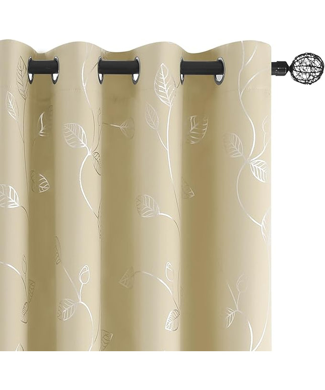 BUHUA Heat Blocking Curtains, Black Out Curtains 72 Inch Long 2 Panels Burg, Soundproof Curtains with Silver Leaf Printed (52 x 72 Inch,Beige,Set of 2 Panels)