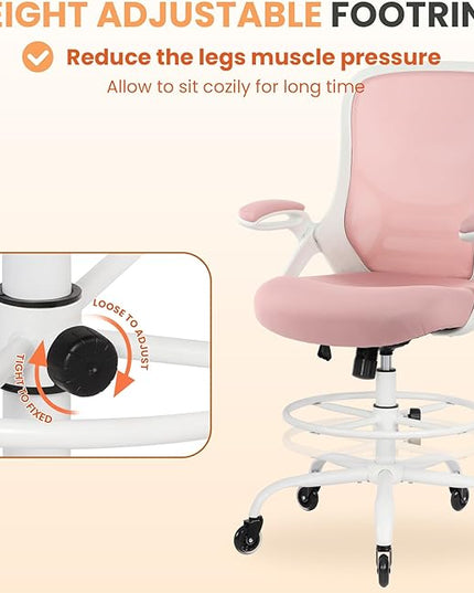 HYLONE Drafting Chair Tall Office, Ergonomic Standing Desk Stool Adjustable Drafting Chair Big Tall Drafting Office Chair Pink
