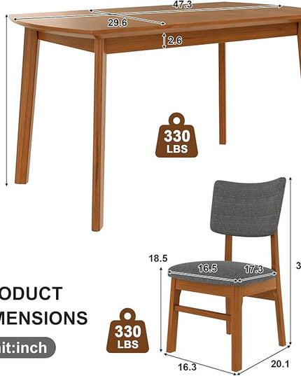 5-Piece Wooden Dining Set Mid-Century Modern Dinner Table and 4 Upholstered Chairs Rectangular Table with Chairs Set Rubberwood Legs Linen Padded Seat & Backrest for Dining Room Kitchen Apartment