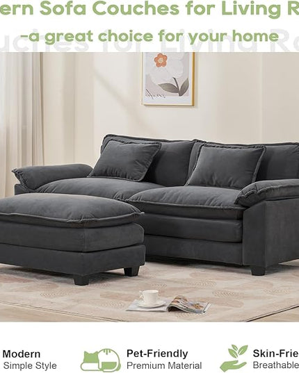 86" Modular Sectional Sofa, Comfy Cloud Couch Sectional Sofa with Ottoman, Velvet Sofa Sleeper Deep Seat Sofa with Throw Pillows for Living Room (Blue Gray, 86"- L Shape)