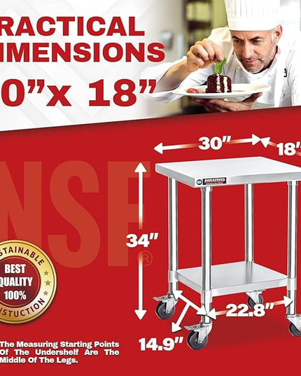 DuraSteel 30x18 NSF Stainless Steel Cart Work Table - Heavy Duty Rolling Food Prep Table - Metal Utility Cart on Wheels Caster, Grill Stand Microwave Outdoor Kitchen Tables Countertop Island Large Top