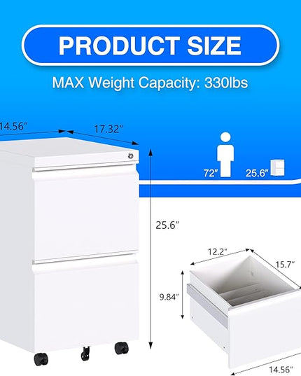 METAN 2 Drawer File Cabinet with Lock, Mobile Under Desk Filing Cabinet for Office Legal/Letter Size, Fully Assembled Except Wheels,White