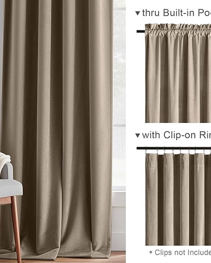 Lazzzy Velvet Blackout Curtains Thermal Insulated Room Window Drapes Super Soft Luxury Curtains for Living Room Bedroom Rod Pocket 2 Panels, Light Taupe, 52" W x 108" L