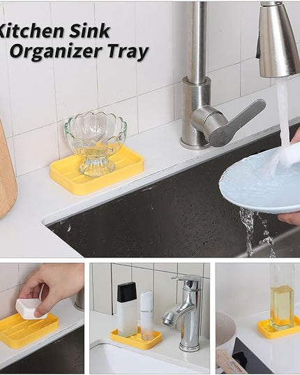 Silicone Kitchen Sink Organizer Tray for Multiple Usage,Easy Clean Sponges Holder for Kitchen Bathroom Counter or Sink,Dish Soap Dispenser,Scrubber,Bottle,Cup Yellow 4.9”x 3.2”