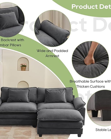 86" Modular Sectional Sofa, Comfy Cloud Couch Sectional Sofa with Ottoman, Velvet Sofa Sleeper Deep Seat Sofa with Throw Pillows for Living Room (Blue Gray, 86"- L Shape)