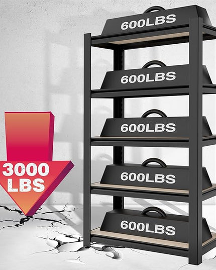 WORKPRO House 5-Tier Shelving Unit, 3000lbs Adjustable Storage Shelves, Boltless Book Shelf, Shelf Organizer for Kitchen, Living Room, Bathroom, Wood Grain Pattern, Waterproof Board, 24-1/10"W, Black