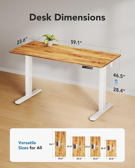 HUANUO Electric Standing Desks, 60" x 24" Whole Piece Desktop, Adjustable Height Computer Desk, 4 Height Memory Settings, Sit Stand Up Desk for Home Office, Light Vintage
