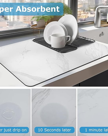 Dish Drying Mat Coffee Bar Mat for Kitchen Counter, Absorbent Dish Rack Pad Hide Stain with Non-slip Rubber Backed Coffee Accessories Fit Under Espresso Machine Maker White Marble 22.83"x14.96"