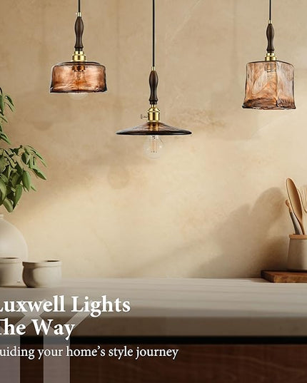 Modern Amber Glass Pendant Light, 5.25"x11.7" Elongated Hanging Fixture with Wood Grip & Brass Accent, 15"-72" Adjustable Line, E26 Socket – Golden Amber Rectangular