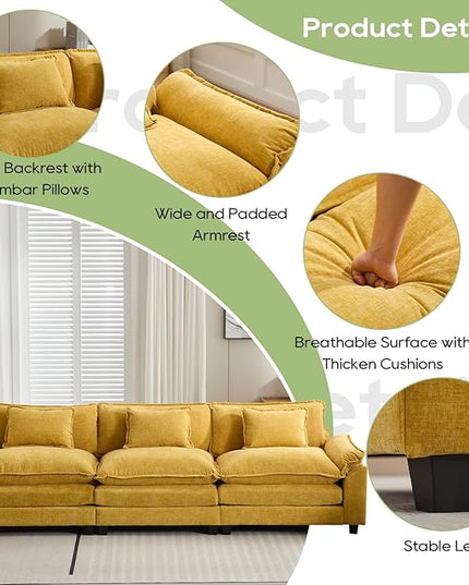 120" Modular Sectional Sofa, Comfy Cloud Couch Sectional Sofa, Chenille Sofa Sleeper Deep Seat Sofa with Throw Pillows for Living Room (Yellow, 120"- 3 Seater)