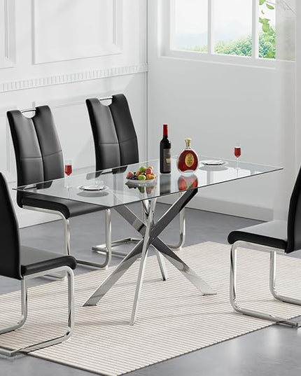 7 Piece Glass Dining Table Set, Glass Kitchen Dining Room Table Set for 6, Modern 51" Rectangular Silver Glass Metal Dining Table with 6 Black Leather Dining Chairs for Kitchen Dining Room