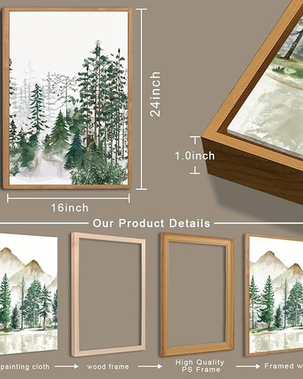 ANHUIB Large Framed Mountain Wall Art Watercolor Forest Landscape Painting Green Nature Prints Art Rustic Wall Decor Set of 3 for Living Room Bedroom Office 16x24 Inch