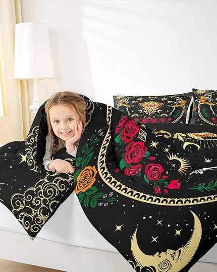Sun Moon Kids Comforter Set Full Size,Starry Sky Galaxy Trippy Bedding Set,Boys Girls Adults Room Decor,Butterfly Skull Rose Flowers Romantic Down Comforter,Watercolor Duvet Insert,2 Pillowcases