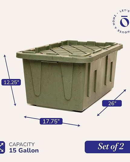 HOMZ 2-Pack Durabilt Tote, Heavy Duty Plastic Storage Bins with Lids, 15 Gallon, Green Camo - Stackable Organizing Containers for Home, Garage, and Office