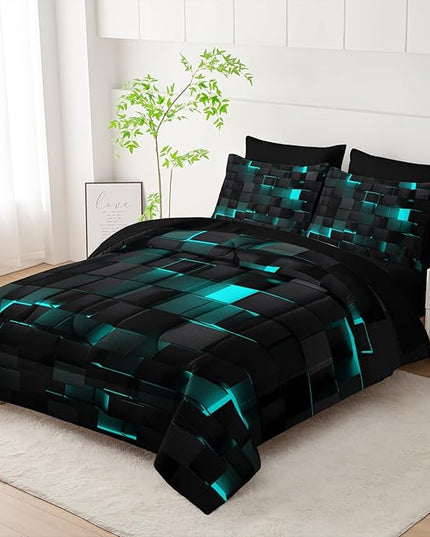 Geometric Turquoise Black King Comforter Set,Light Honeycomb Bedding Set 7 Piece in A Bag,Bed Sheet Set Geometry Decor,Microfiber Lightweight All Season