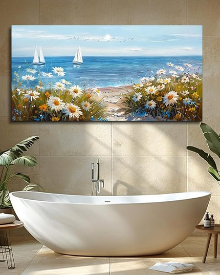 PHAOHUAXM Large Blue Ocean Landscape Canvas Printing Picture Wall Art For Living Room Farmhouse Dinin Mural White Flowers Bedroom Office Wall Decor Home Decor Painting Easy To Hang 30x60 Inches