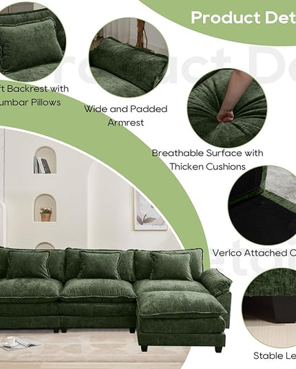 120" Modular Sectional Sofa, Comfy Cloud Couch Sectional Sofa with Ottoman, Chenille Sofa Sleeper Deep Seat Sofa with Throw Pillows for Living Room (Green, 120"- L Shape)
