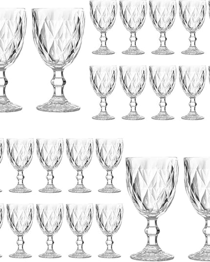 24 Pack Vintage Wine Glasses, Plastic Reusable 12 Ounce Colored Water Goblets, Unique Embossed Pattern Unbreakable Stemmed Wine Glasses High Clear Wedding Party Bar Drinking Cups Clear