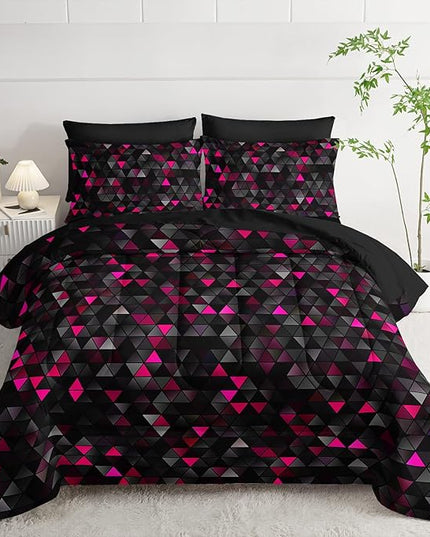 Geometric Pink Black Triangle Queen Size Comforter Set,Light Honeycomb Bedding Set 7 Piece in A Bag,Bed Sheet Set Geometry Decor,Microfiber Lightweight All Season