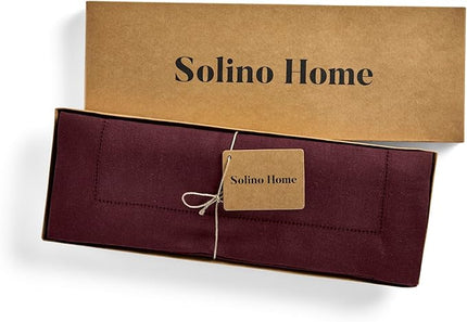 Solino Home Linen Cloth Placemats Set of 4 - 100% Pure Linen Hemstitch Burgundy Placemats 14 x 19 Inch - Classic Hemstitch Table Place Mats for Holiday, Winter, Christmas