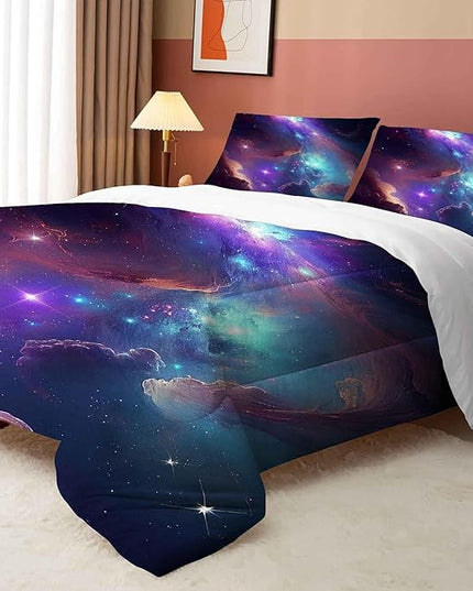 Purple Galaxy Bedding Set Full Size Outer Space Comforter Set for Girls Teens Kids Women Boys Starry Nebula Blue Glitter Quilt 1 Comforter + 2 Pillow Cases