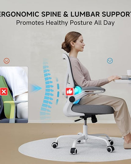 Office Chair with Adjustable Lumbar Support, 330 LBS Home Office Desk Chair with Flip-up Armrests, Mesh Computer Chair for Long Day Use, White and Gray