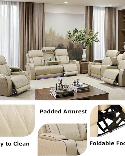 Power Recliner Sofa and Loveseat Set, Beige Leather Reclining Sofa Sectional Couches with Drop-Down Table, Living Room Furniture, Reclining Sofa with Cup Holders/Storage Console for House