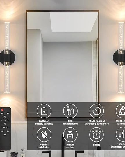 Battery Operated Wall Sconces Set of 2, Black 20'' Rechargeable Crystal Bubble Wall Sconce with Remote Control, 3000K-6000K Dimmable LED Wireless Wall Lights for Living Room Bedroom Bathroom Hallway