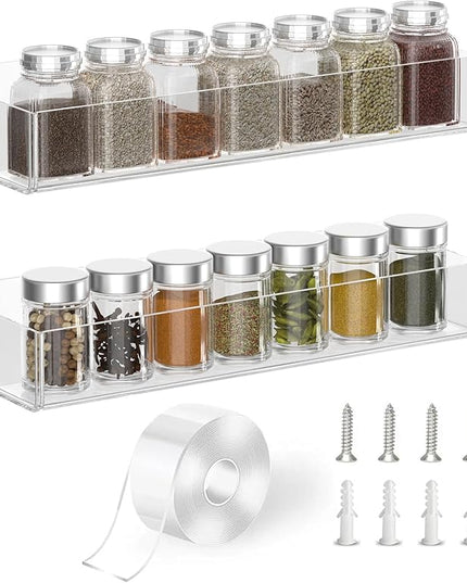 PMMASTO Adhesive Acrylic Spice Rack Organizer for Wall with Nano Double Sided Tape, Spice Shelf Organization for Kitchen Cabinet Door/Pantry Door, Wall Mount Seasoning Rack (Clear-2 Pack)