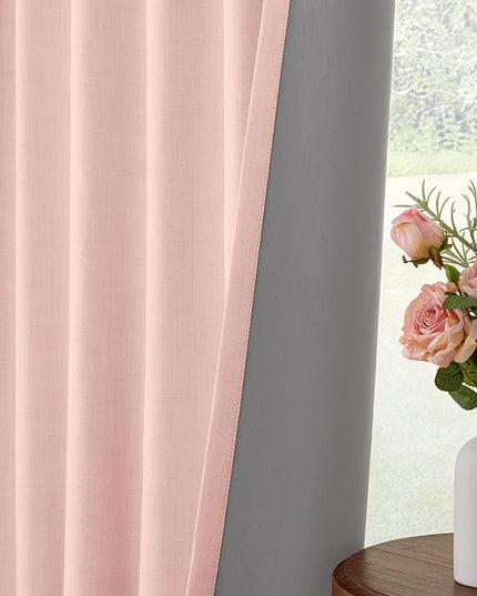 INOVADAY 100% Blackout Curtains for Bedroom, Black Out Curtains 90 Inch Long, Clip Rings Linen Blackout Drapes, Thermal Insulated Room Darkening for Living Room, 2 Panels - Blush Pink,W50xL90