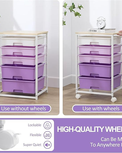 Utility Cart with 5 Drawers,Storage Drawer Cart with Wooden Tabletop and Lockable Wheels,Craft Storage Trolley Cart,5-Tier Rolling Utility Cart on Wheels,Purple