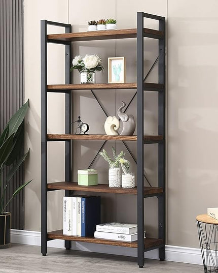 5 Tier Bookcase, Solid Wood Bookshelf Rustic Vintage Industrial Etagere Bookcase, Metal and Wood Free Vintage Bookshelf, Retro Brown (5-Tiers)