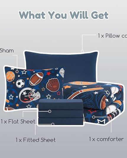 Twin Comforter Set for Boys-5 Pieces Sports Ball Games Glow in The Dark Twin Bedding Sets for Kids, Ultra Soft Bed in A Bag with Sheets