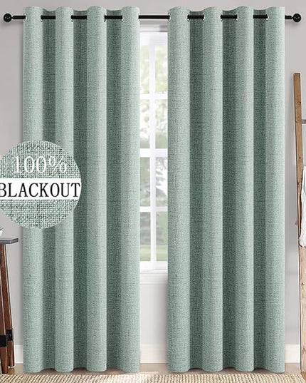 MIULEE Linen Texture Curtains for Bedroom Solid 100% Blackout Thermal Insulated Seafoam Green Curtains Grommet Room Darkening Drapes for Living Room Nursery 52x72 Inch (2 Panels)