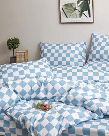 CLOTHKNOW Blue White Plaid King Size Comforter Set 3Pcs Grid Bedding Comforter Sets Checkerboard Comforter King Lake Blue Comforter with 2 x Pillow Cases