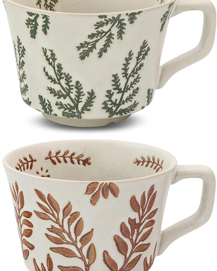 Ceramic Coffee Mug, 12 oz Novelty Unique Teacup with Handle, Stoneware Cup for Tea Mocha Latte Cappuccino Espresso (Set of 2, Ivy and Leaf)