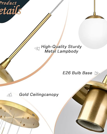 KoKo&Yukina 9-Light Globe Milky White Glass Pendant Light Adjustable Length Pendant Lights Modern Glass Globe Pendant Lights Gold Chandeliers Large Chandeliers for High Ceilings (Bulb & Remote Incl)