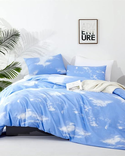 CLOTHKNOW Blue White Sky California King Comforter Set 3Pcs Blue Bedding Comforter Sets Women Men Comforter Blue Comforter with 2 x Pillow Cases