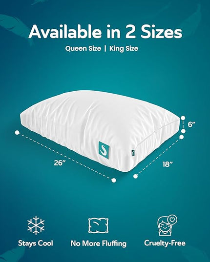 Sleepgram Cooling Bed Pillow, Bed Support Adjustable Hypoallergenic Soft Sleeping Head Rest with Removable Cover, Queen Size, White