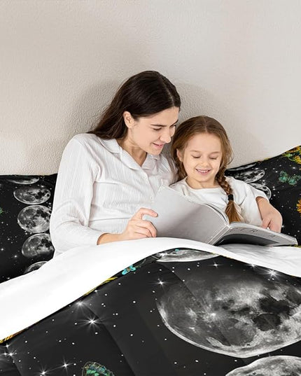 Manfei Sunflower Comforter Set, Moon Planet Starry Sky Galaxy Universe Bedding Set 3pcs for Kids Teens Adult Room Decor,Floral Trippy Quilt Set Soft Black Duvet Insert with 2 Pillowcases, Full Size