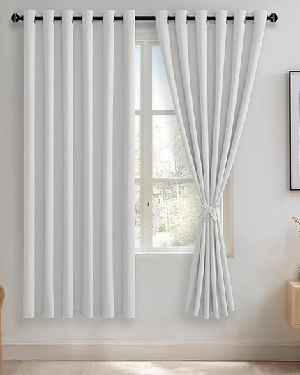 JIUZHEN Greyish White Blackout Curtains with Tiebacks Thermal Insulated, Light Blocking and Noise Reducing Grommet Curtains for and Living Room, Set of 2 Window Curtain Panels, 70 x 72 Inch Length