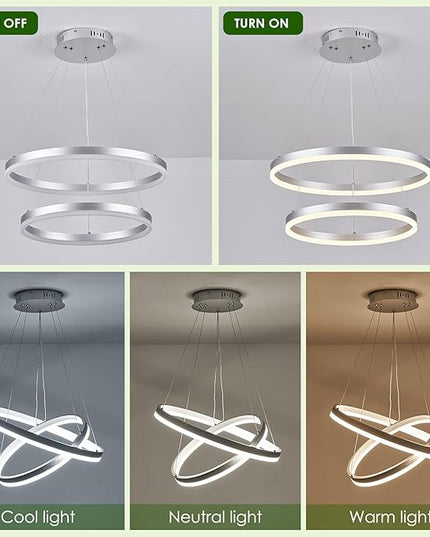 2-Rings Modern LED Chandelier Silver for Dining Room, Circular Flush Mount Ceiling Chandelier Light Dimmable Pendant Light with Remote Control for Living Room Entrance Foyer, 3000K-6500K