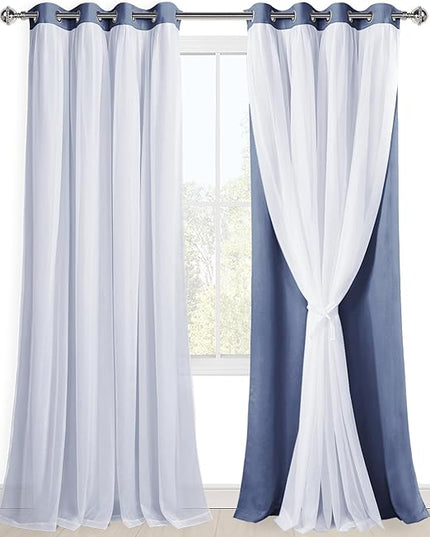 Hiasan Blackout Curtains with Sheer Overlay, Thermal Insulated Mix & Match Double Layer Room Darkening Window Curtains for Bedroom,Living Room,Nursery 2 Panels with Tiebacks (52W X 108L,Blue Haze)