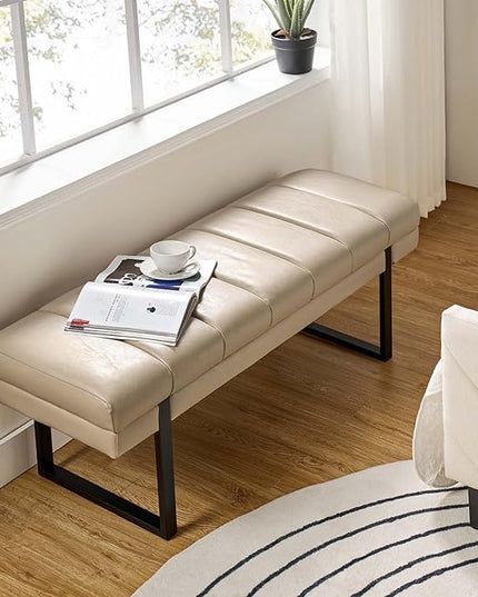 HULALA HOME 53" Faux Leather Entryway Bench, Button Tufted End of Bed Bench Ottoman for Bedroom, Living Room with Metal Base,Beige