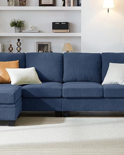 CHIC HOUSE Corduroy Modular Sectional Couch with Ottoman Chaise, L/U Shaped Sleeper Sofa for Living Room, Apartment, Lounge, Modern Armrest Neck Support Furniture (5 Seater Sectional, Navy Blue)