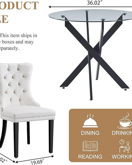 5 Piece Round Glass Dining Table Set for 4, Modern Dining Room Table and Chairs Set, Tempered Glass Top Kitchen Table with 4 Velvet Chairs, Space Saving Dining Set for Small Apartment or Home