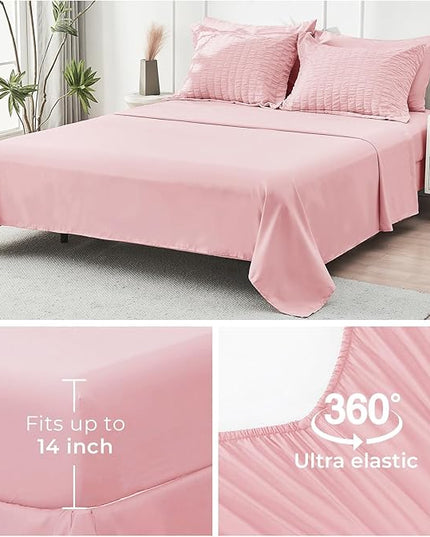 HYMOKEGE Pink King Size Comforter Set Seersucker 7 Pieces, All Season Luxury Bed in a Bag for Bedroom, Bedding Set with Comforters, Sheets, Pillowcases & Shams