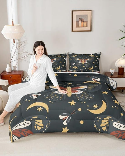 Sun Moon Kids Comforter Set King Size,Starry Sky Galaxy Trippy Bohemia Bedding Set,Boys Girls Adults Room Decor,Death Moth Boho Exotic Down Comforter,Colorful Retro Duvet Insert,2 Pillowcases